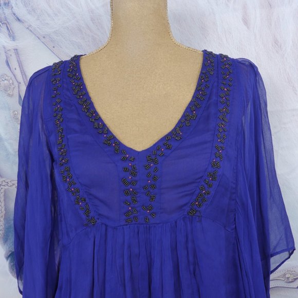 Free People Purple Beaded Detail Wide Sheer Sleeve 70's Inspired Boho S XS Top - Picture 3 of 12